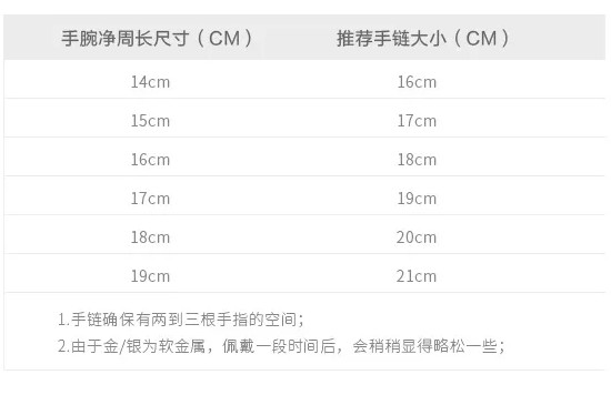 手链尺寸手围对照表